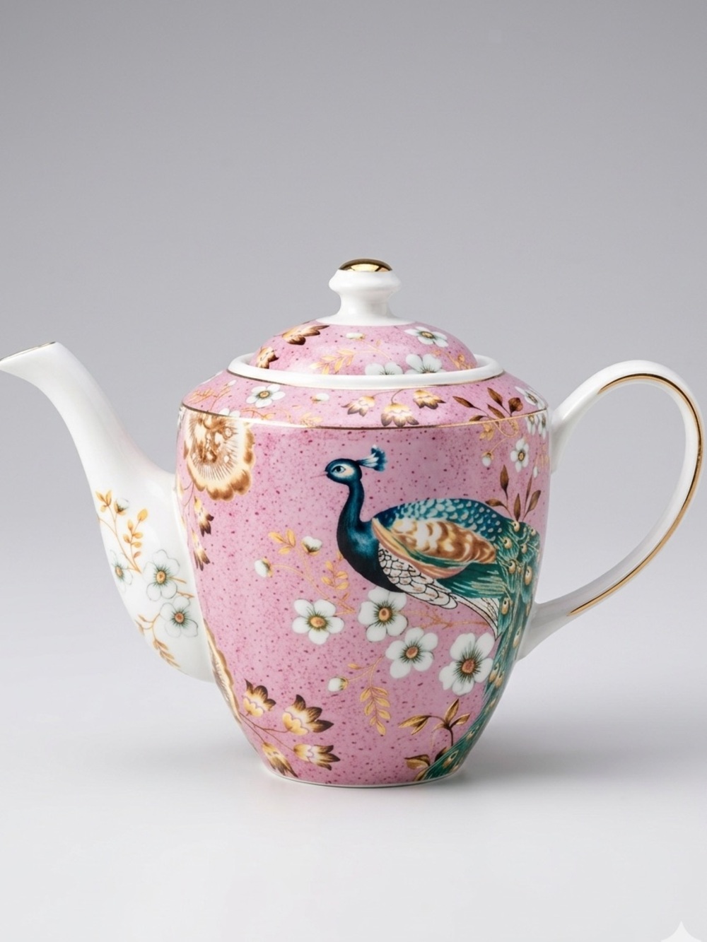 Grace Teaware Peacock Lotus Fine Porcelain 4-Cup Teapot Pink Gold Trim